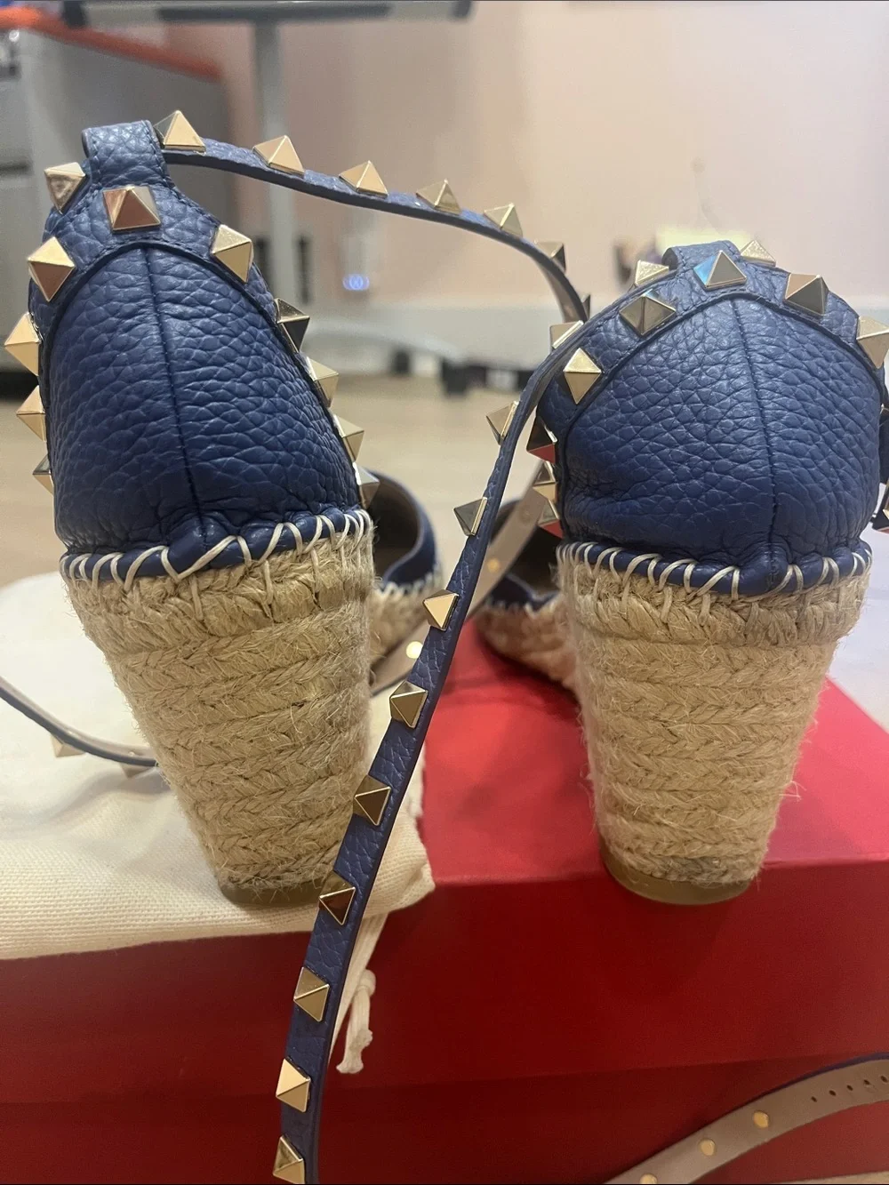 Valentino Blue Leather Studded Ankle-Strap Espadrilles with box and dust bag